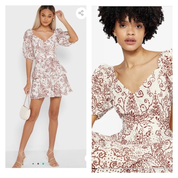 NWT TED BAKER Elizaaa White Brown Eyelet Floral Mini Dress Size TB 0/US 2 - Picture 1 of 8